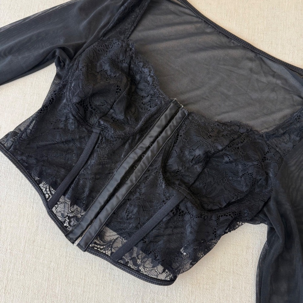 Black Lace Corset Crop Top Sheer Mesh Long Sleeve Hook Eye Front Gothic - Picture 7 of 7
